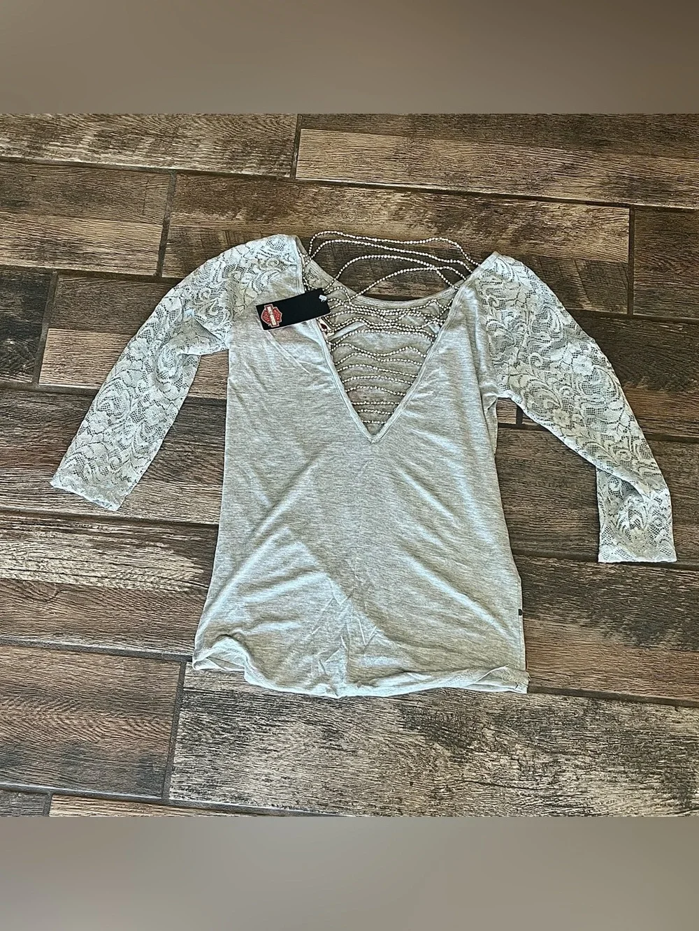 Harley Davidson 3/4 sleeve t-shirt skull rhinestones lace soul of the road S - Picture 2 of 10